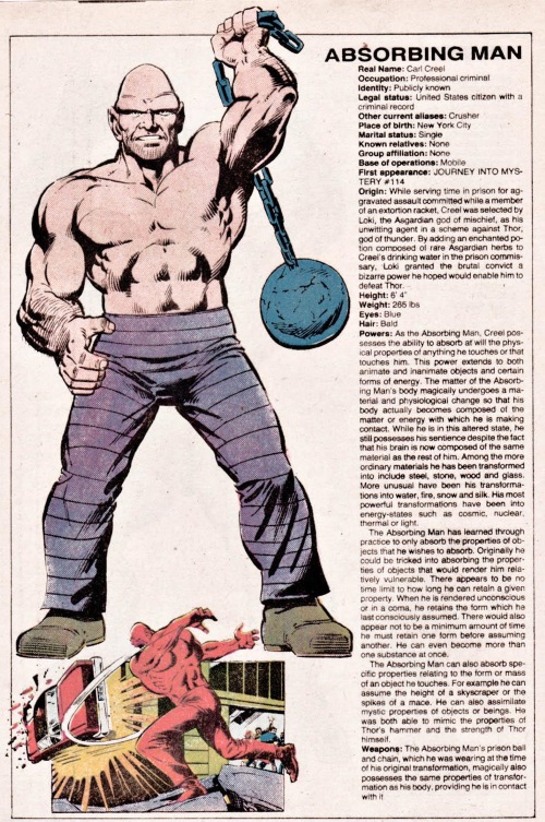 Substance Mimicry (many)-Absorbing Man-Official Handbook of the Marvel Universe V1 #1