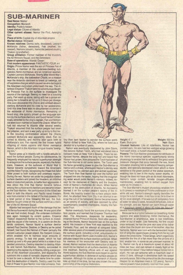 Superhuman Swimming-Submariner-Official Handbook of the Marvel Universe V1 #10
